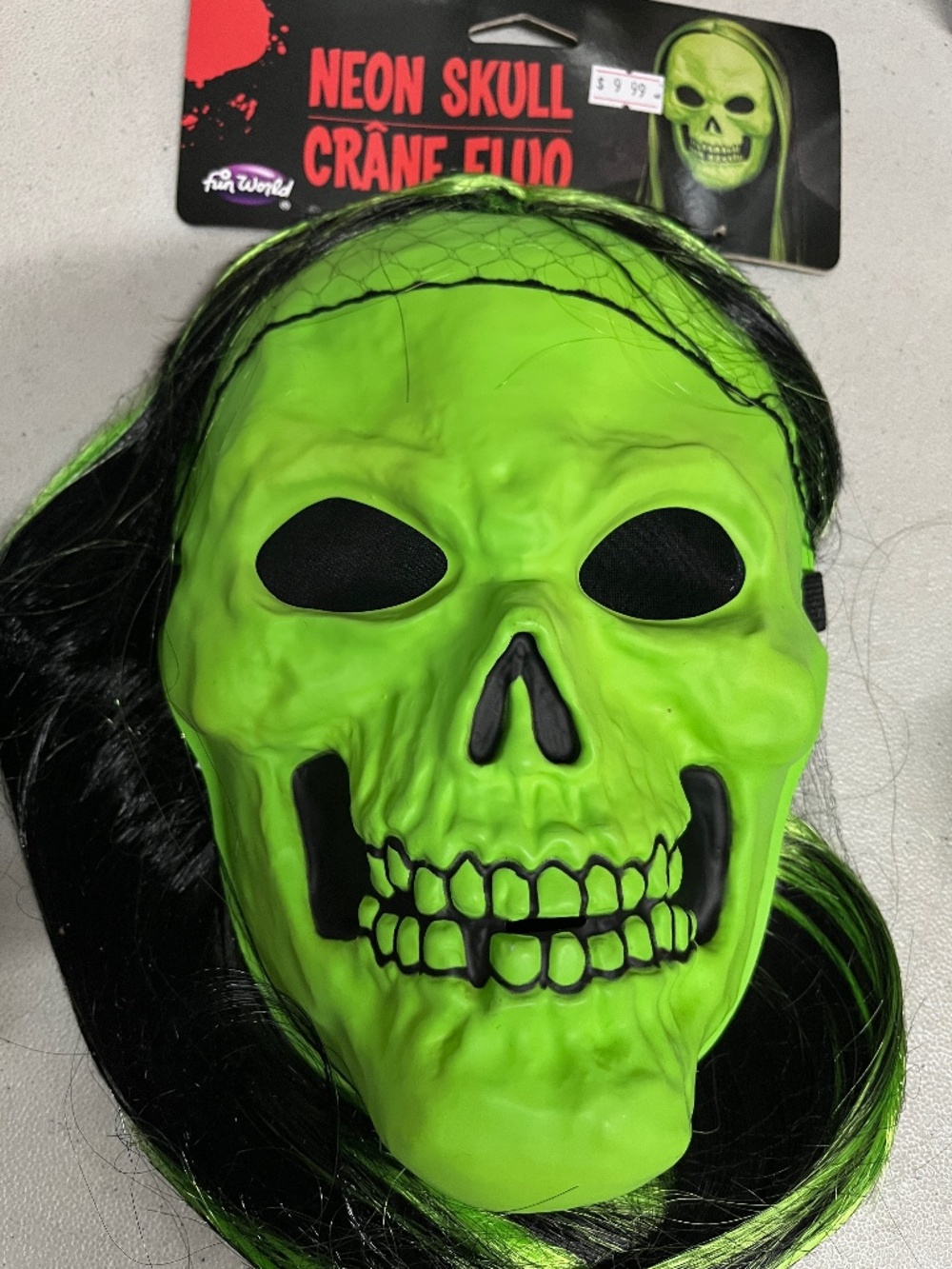 Halloween Skull Mask with Black and Neon Green Hair NWT